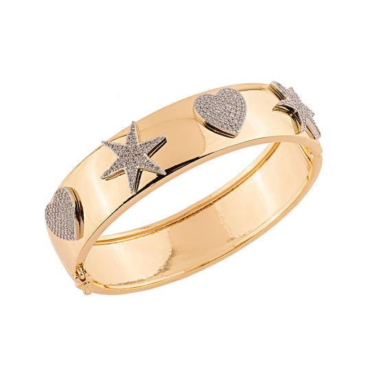 Pulseira Bracelete Grosso Liso Coração e Estrela Ródio Dourado