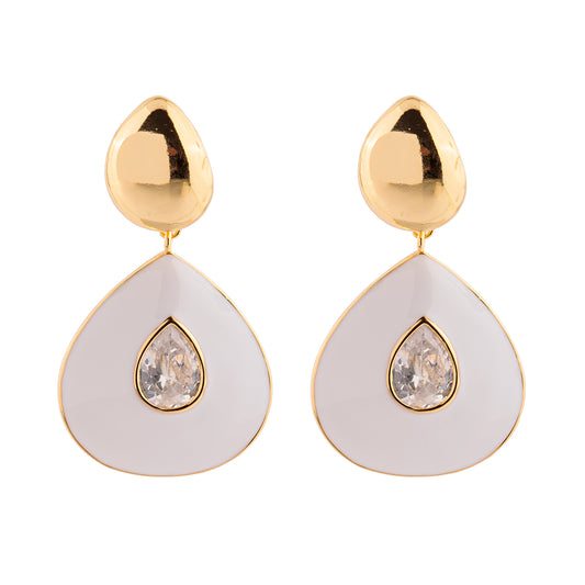 Brinco Gotas Duplas Esmaltada Branca com Cristal e Lisa Dourado Nat Mosca