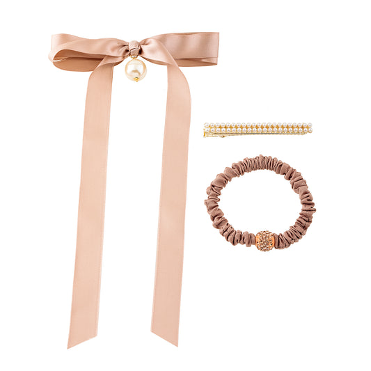 Laço Grampo e Amarrador de Cabelo Organza e Pérolas Rose