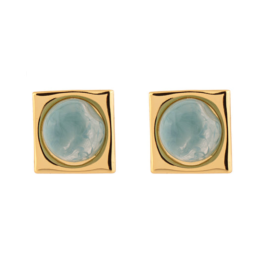 Brinco Entorno Quadrado com Pedra Azul/Verde Dourado