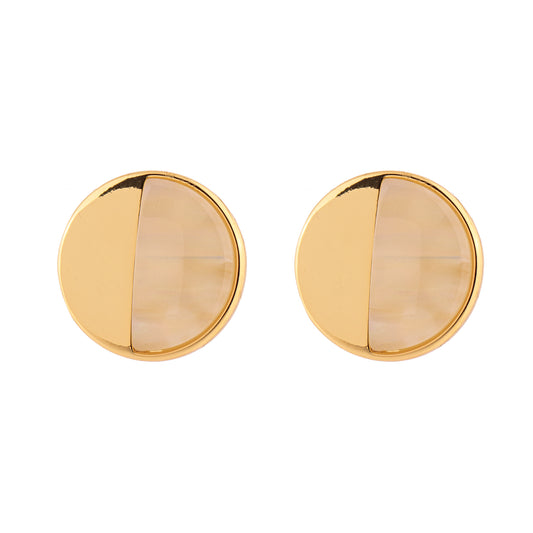 Brinco Redondo Metade Resina Creme Metade Liso Dourado