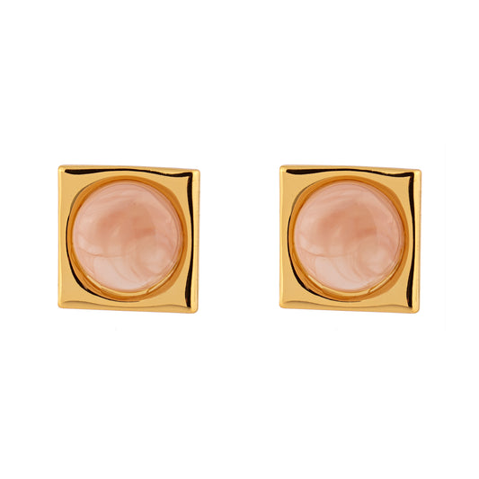 Brinco Entorno Quadrado com Pedra Esfera Marrom/Rosa Dourado Nat Mosca