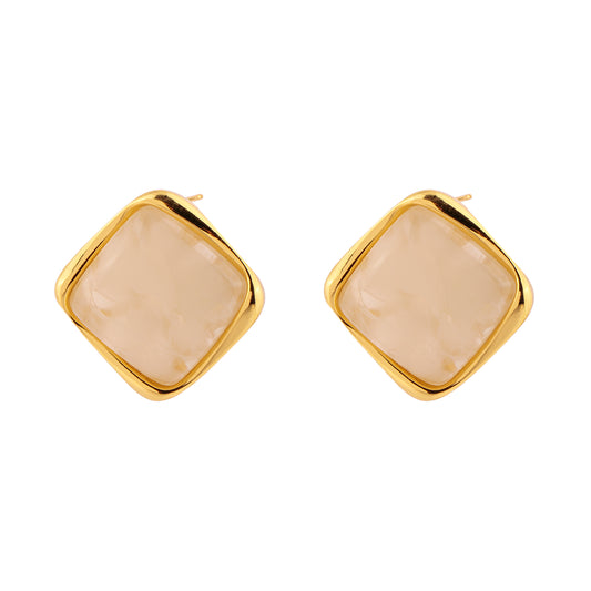 Brinco Quadrado Médio Ondulado com Pedra Rosa/Creme Dourado