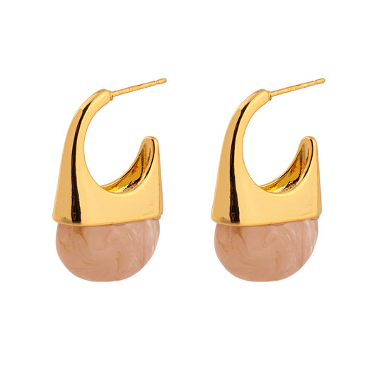 Brinco Argola Tarraxa com Pedra Resina Rosa/Creme Dourado