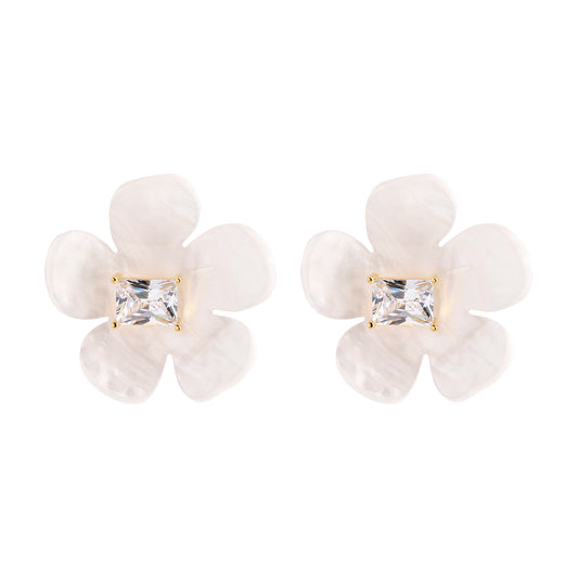 Brinco Flor Madrepérola e Retângulo Cristal Dourado