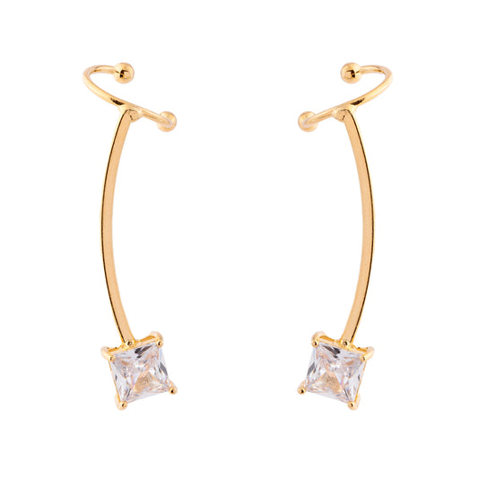 Brinco Ear Cuff Liso com Quadrado Cristal Dourado