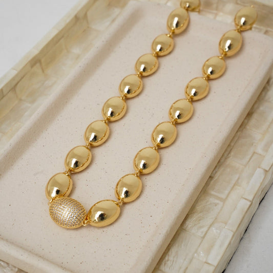 Colar Ovais Lisos e Oval Cravejado Cristal Dourado