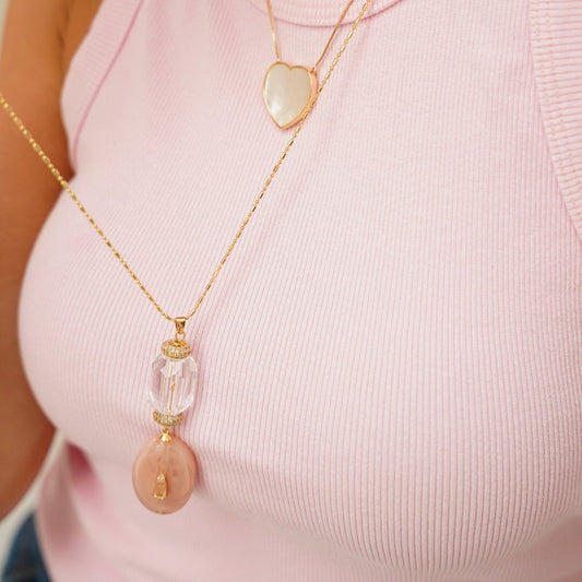 Colar Longo Canutilhos com Pingente Cristal e Redondo Rosa com Gota Azul Dourado