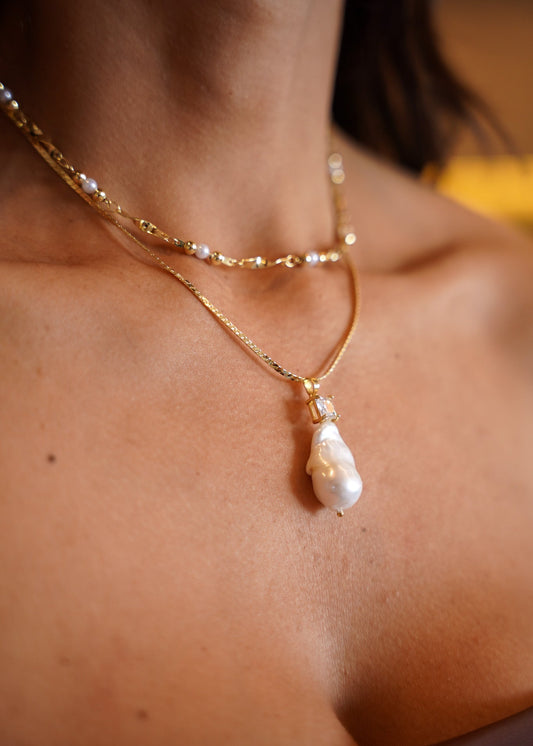 Colar Duplo Pérola Natural e Zircônia