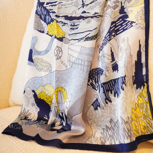 Lenço Acetinado Estampado Azul, Creme e Amarelo