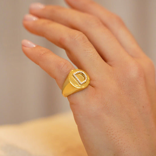 Anel Letra D Prateado com Dourado