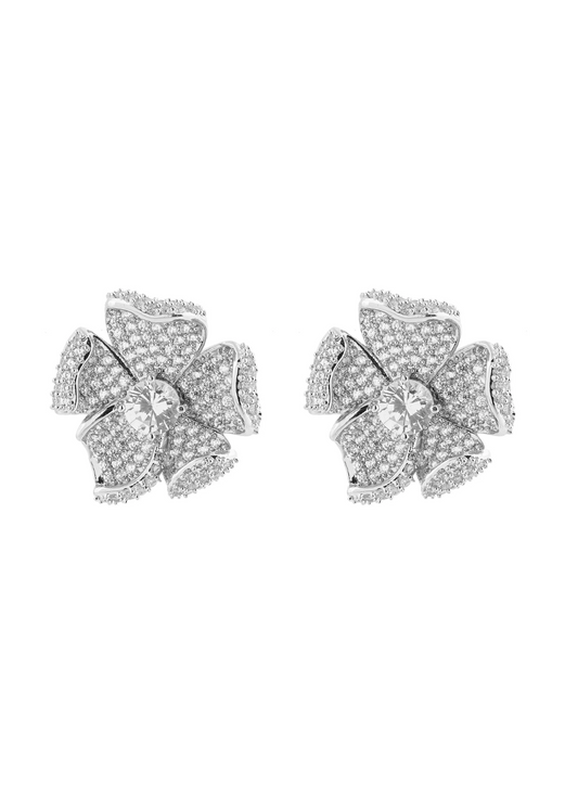 Brinco Flor Pétalas Curvadas Cravejadas Dourado/Prateado