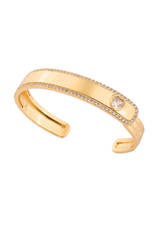Pulseira Bracelete Entorno Cravejado com Coração Cristal Dourado