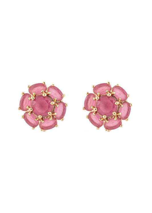 Brinco Flor Rosa/Verde Cravejado Dourado