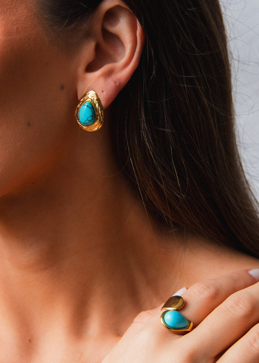 Conjunto Anel e Brinco Gota Turquesa