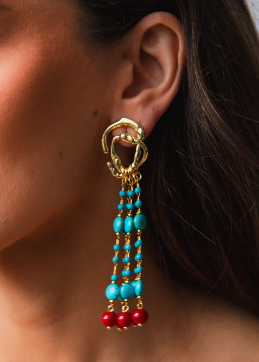 Brinco Dourado com Turquesa Natural e Contas Vermelhas