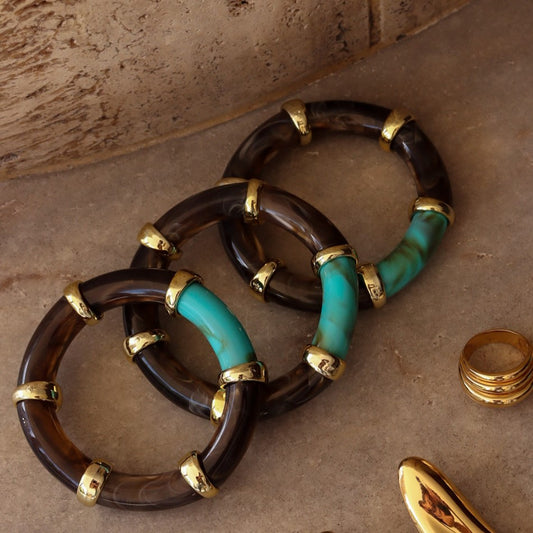 Pulseira Bracelete Cristais Resina Marrom com Detalhe Turquesa