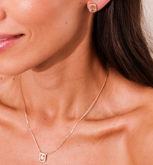 Conjunto Colar e Brinco Retângulo Cravejado Pedra Cristal/Morganita/Ônix Dourado/Prateado