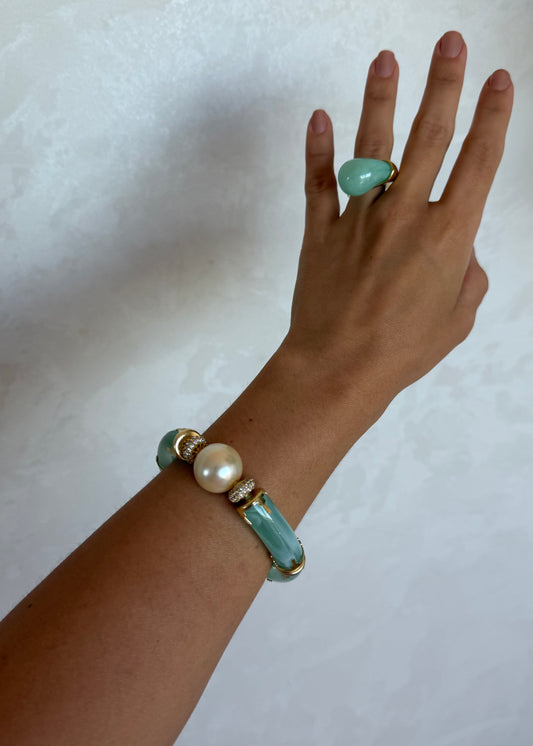 Kit Anel e Pulseira Pedra Verde e Pérola