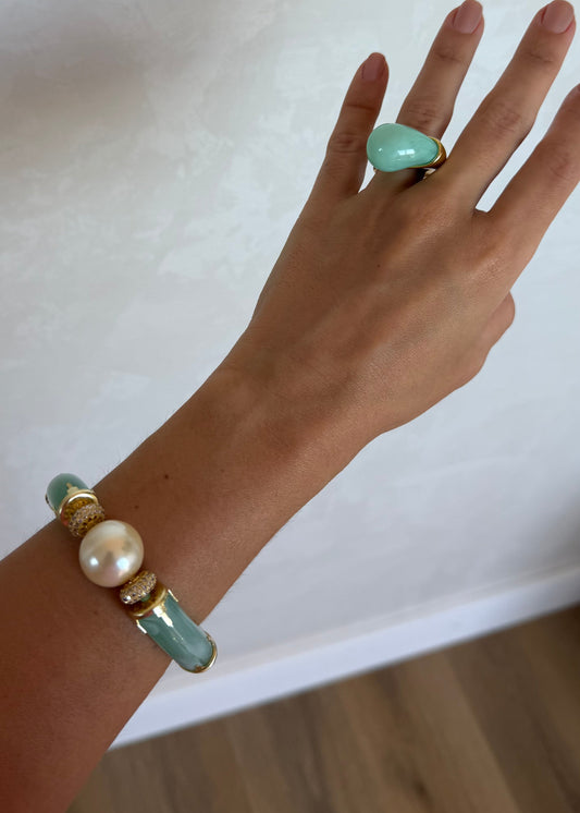 Kit Anel e Pulseira Pedra Verde e Pérola