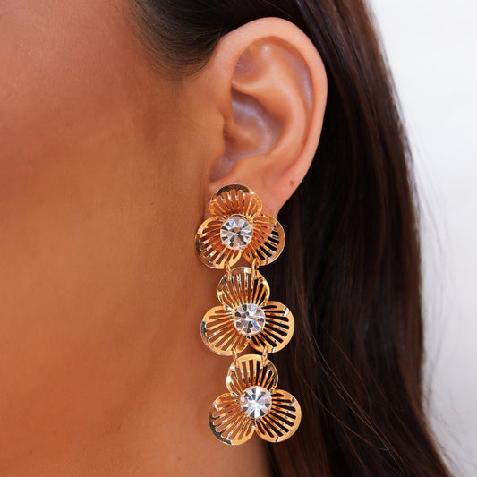 Brinco Flores Cristais Dourado