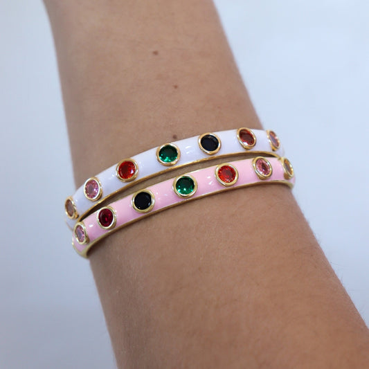 Pulseira Bracelete Esmaltado Branco/Rosa com Cristais Coloridos Dourado
