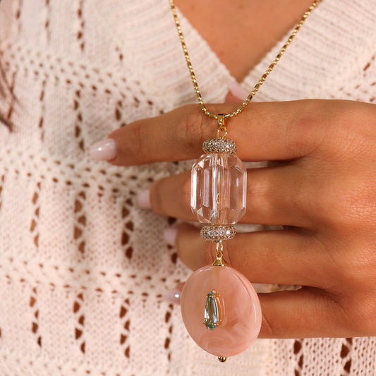 Colar Longo Canutilhos com Pingente Cristal e Redondo Rosa com Gota Azul Dourado