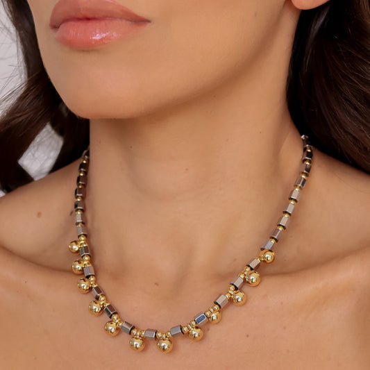 Colar Canutilhos com Esferas Dourado e Prateado