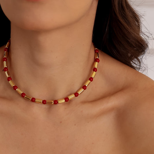 Colar Esferas Coloridas e Canutilhos Dourado