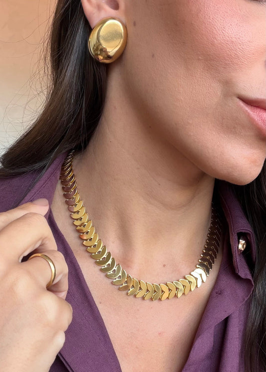 Conjunto Colar Folhas+ Brinco Oval Dourado