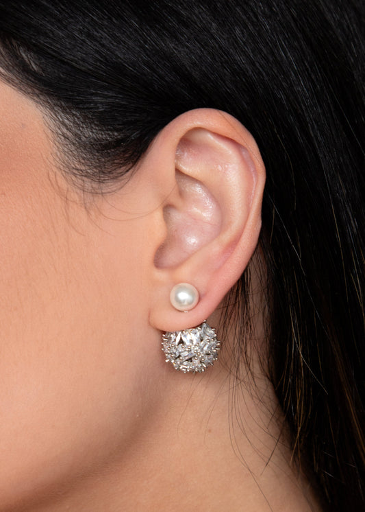 Brinco Ear Jacket Prateado com Pérola e Zircônias