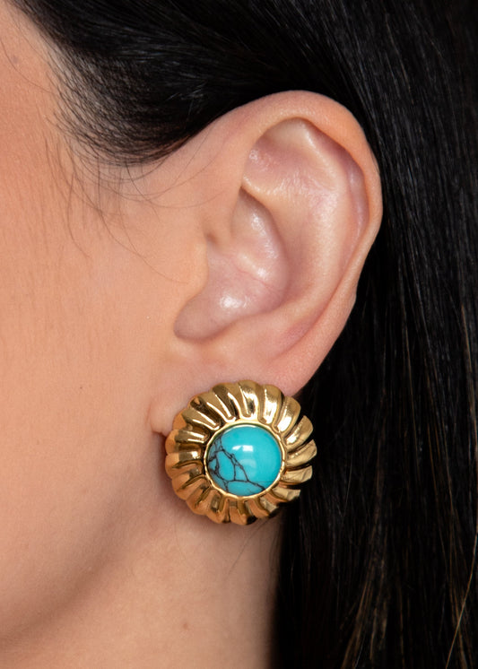 Brinco Dourado com Pedra Turquesa Natural em Aço Inoxidável