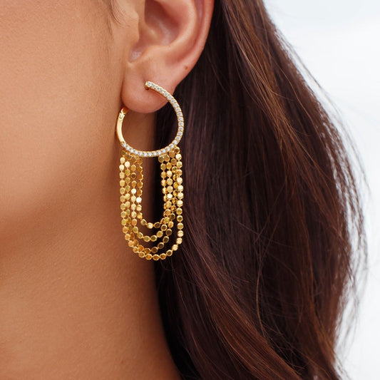 Brinco Frontal Cravejado com Franja Dourado