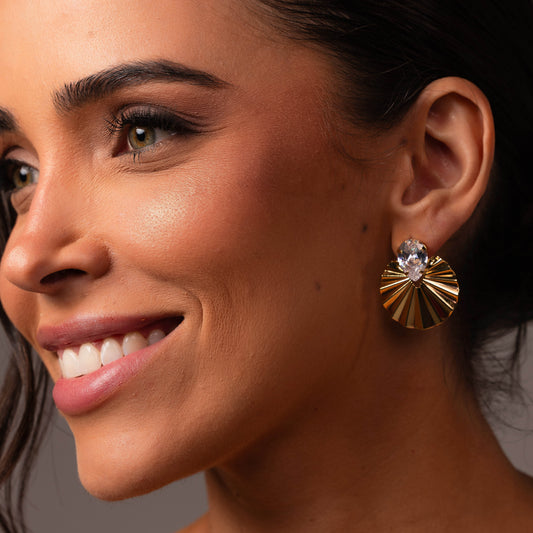 Brinco Leque com Gota Cristal Dourado