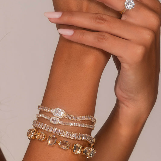 Pulseira Riviera Quadrado Cristal Maior Dourado