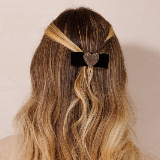 Grampo de Cabelo Tic Tac Veludo com Coração Cravejado Alto