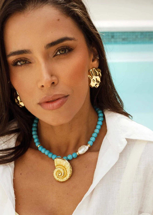 Kit Colar Turquesa com Concha + Brinco Orgânico Dourado