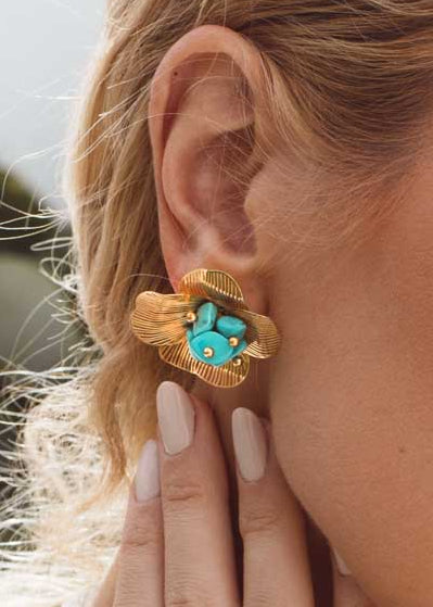 Brinco Flor Dourado com Turquesa