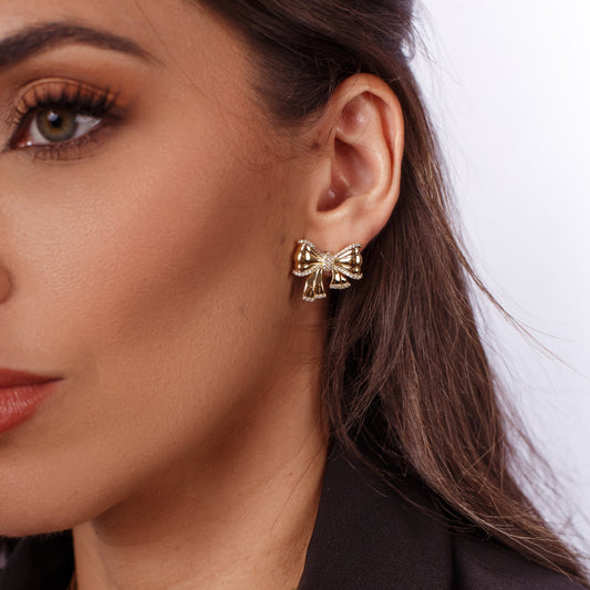 Brinco Laço Liso e Cravejado Dourado