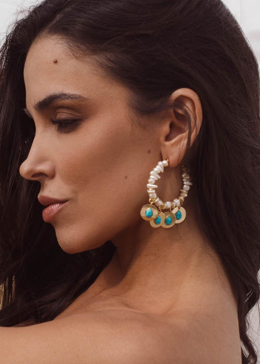 Brinco Argola com Pérolas e Turquesa