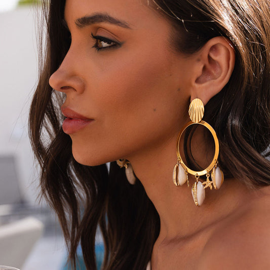 Brinco Frontal Argola com Búzios e Estrela do Mar Dourado