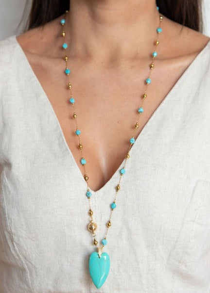 Colar Longo Dourado com Pedras Turquesa