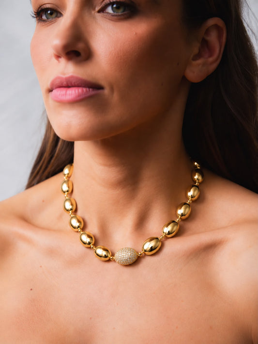 Colar Ovais Lisos e Oval Cravejado Cristal Dourado