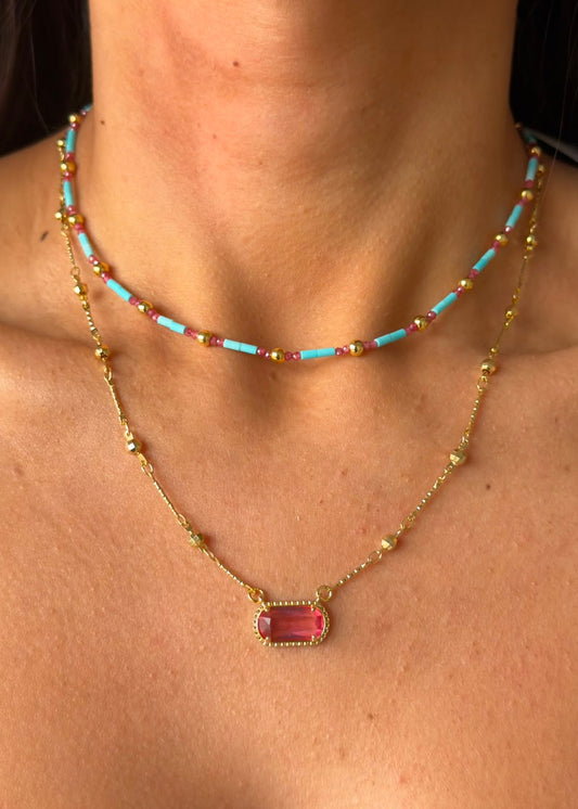 Conjunto Colares Cristais Coloridos e Pedra Rosa